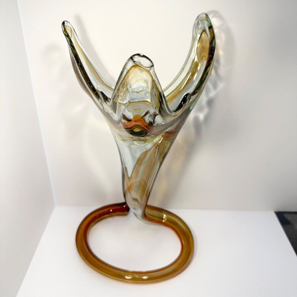 Sooner Art Glass Vase Hand Blown Vintage Marble Brow Mid-Century Modern